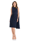 ASHLEYlauren E4910 | Navy stretch crepe fitted dress featuring one-shoulder neckline, elegant cape, and ruched waist embellishment.