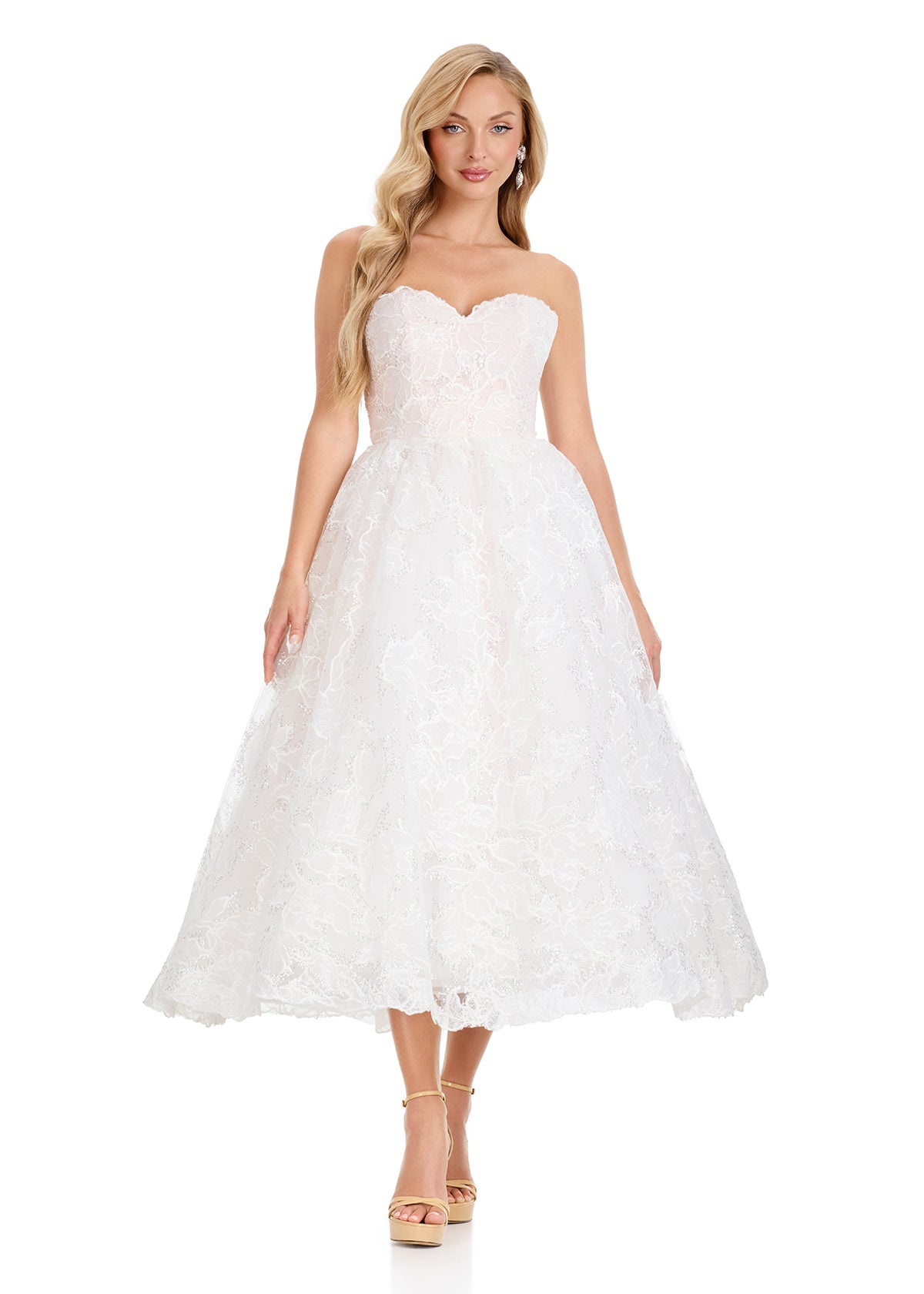 ASHLEYlauren E4913 Strapless Tea-Length Lace Gown with Sweetheart Neckline ASHLEYlauren E4913 Strapless Tea-Length Lace Gown with Sweetheart Neckline