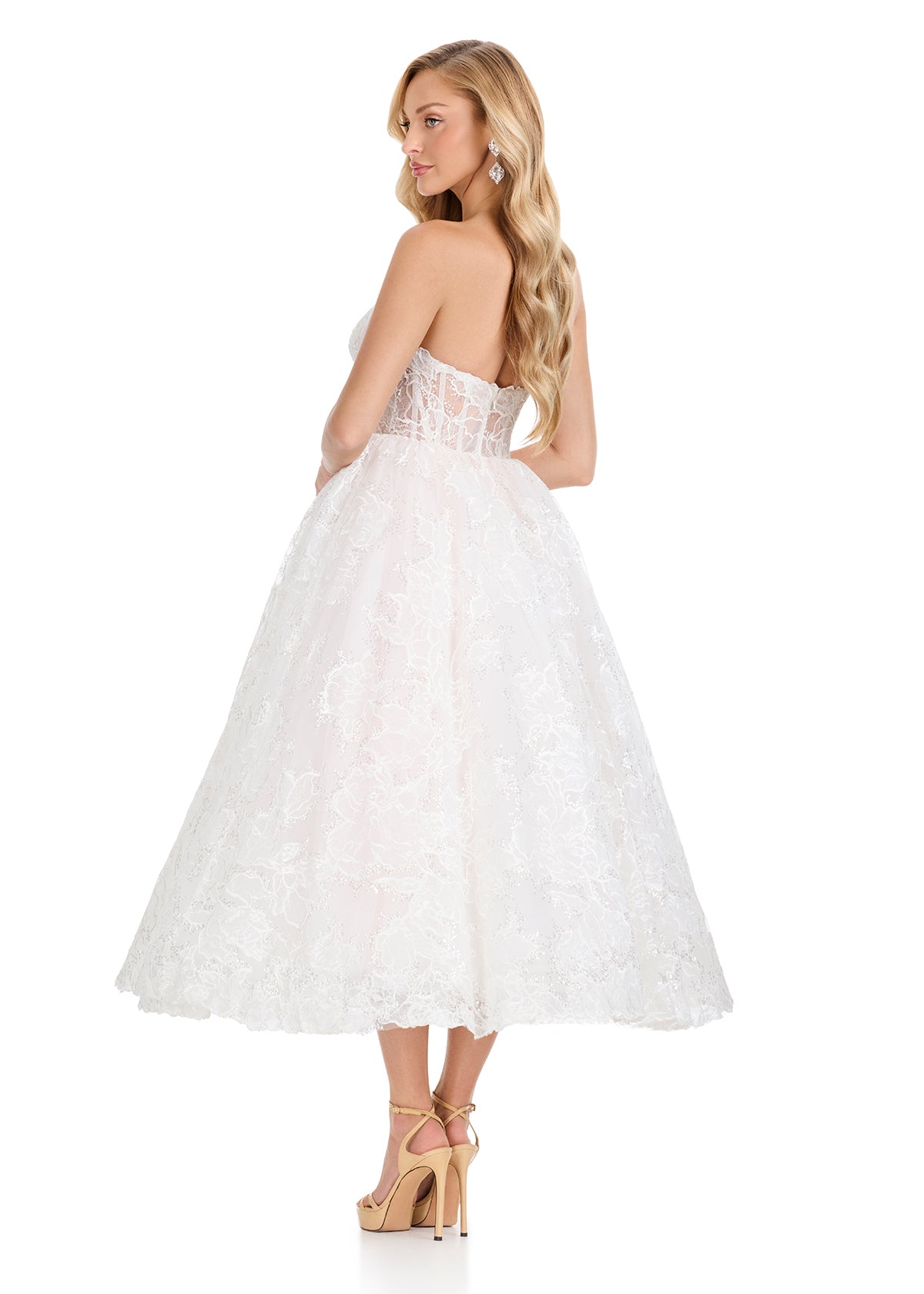 ASHLEYlauren E4913 – Strapless Tea-Length Lace Gown with Sweetheart ...