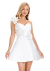 ASHLEYlauren E4914 | Ivory structured Mikado mini dress featuring floral appliqué detailing, sculpted one-shoulder design, and voluminous A-line silhouette.
