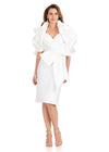 ASHLEYlauren E4916 | Ivory structured Mikado cocktail dress featuring sculptural sleeves, V-neckline, and elegant fitted silhouette.