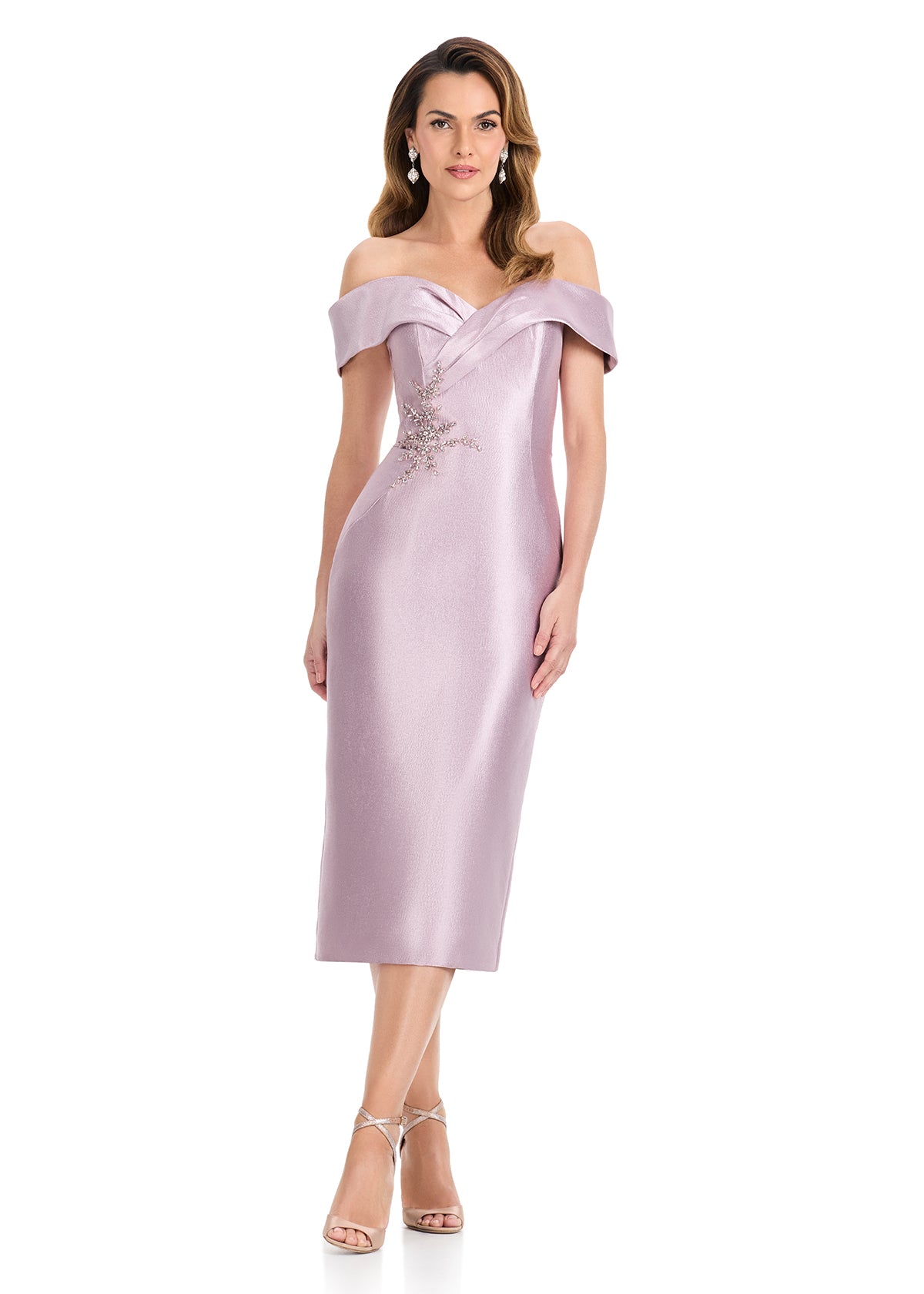 ASHLEYlauren E4919 Off-Shoulder Satin Midi Dress