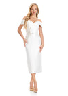 ASHLEYlauren E4919 | Ivory satin midi dress featuring pleated waist, off-shoulder neckline, and sparkling crystal accent.
