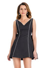 ASHLEYlauren E4920 | Black shimmering satin mini dress featuring rhinestone accents, V-back, and bold feminine bow.