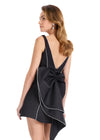 ASHLEYlauren E4920 | Black satin mini dress with rhinestone trim, deep V-back, and statement oversized bow.