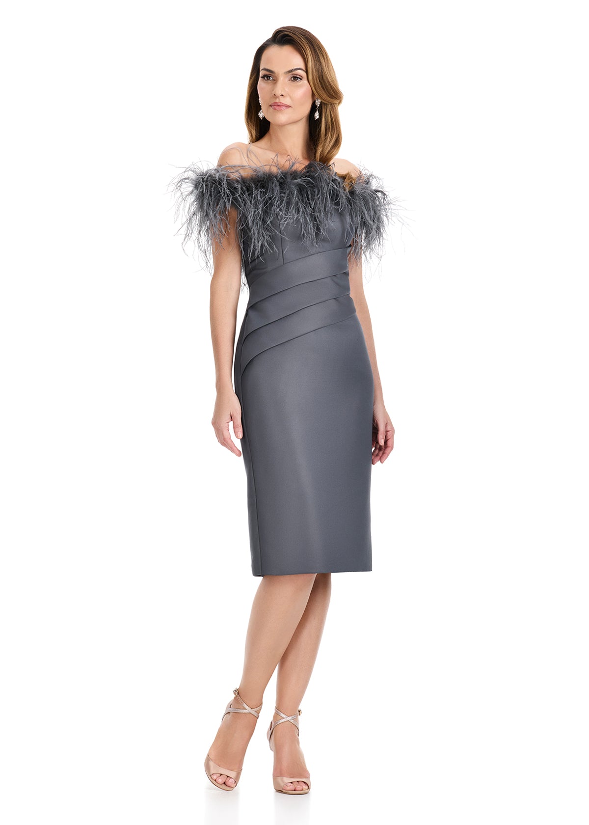 ASHLEYlauren E4960 – Off-Shoulder Feather Satin Cocktail Dress
