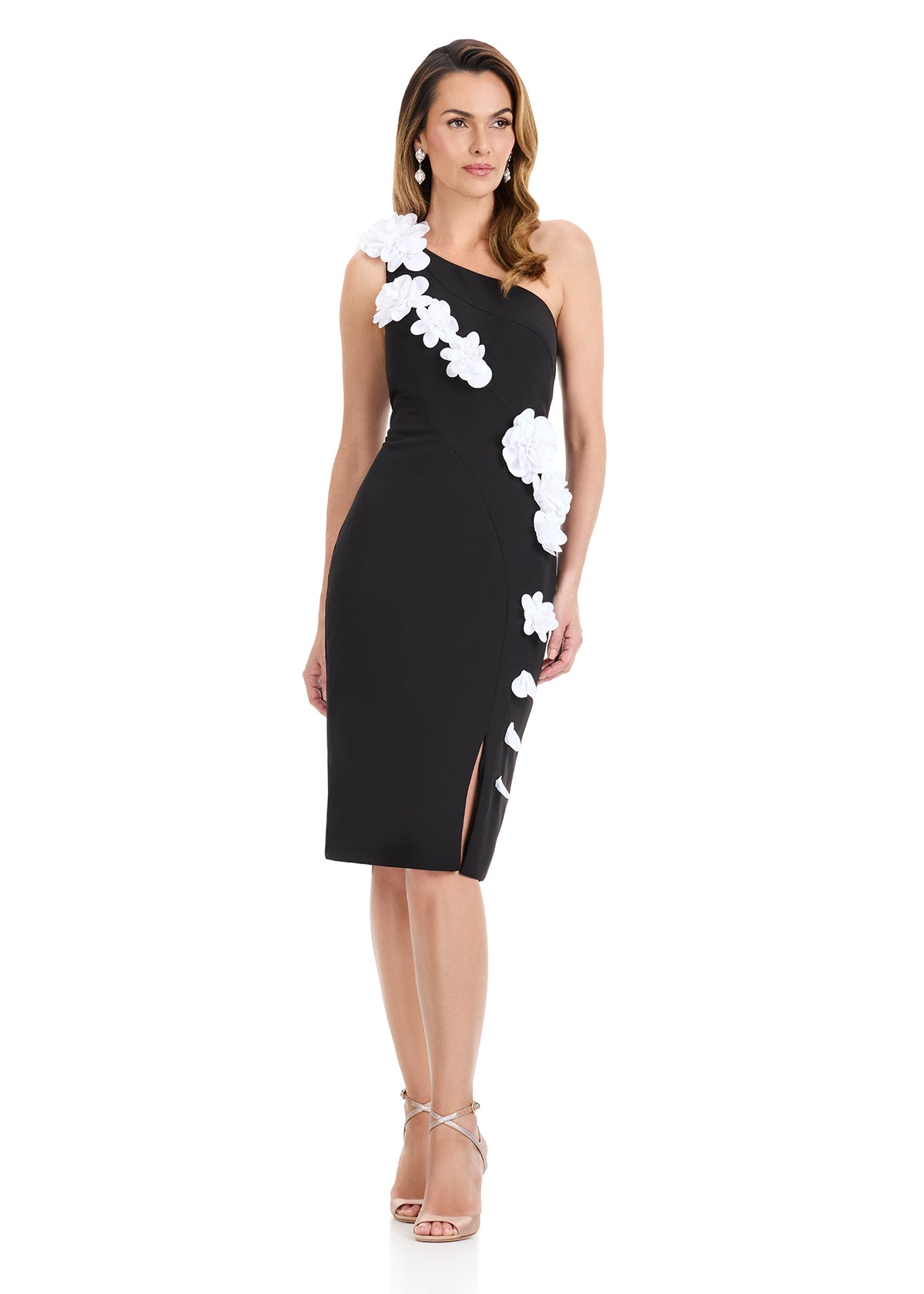 ASHLEYlauren E4961 – One-Shoulder Floral Appliqué Jersey Cocktail