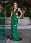 Editorial Front - Emerald ASHLEYlauren 11825 Fully Beaded Gown with Plunging V-Neckline, Side Cut-Outs, Lace-Up Back, and Organza Detailing