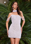 Ediotorial Silver ASHLEYlauren 4758 Fully Beaded Long Sleeve Cocktail Dress with Plunging V-Neckline and Fringe
