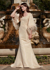 Champagne ASHLEYlauren 11381 Fit and Flare Phantom Satin Gown with Modern Scoop Neckline, Feather Detailed Flare Sleeves, and Horsehair Hem Skirt