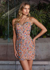 Editorial- Multi ASHLEYlauren 4755 fully hand-beaded cocktail dress featuring a halter neckline, sweetheart bustier, and a fitted skirt for a dazzling and standout look.