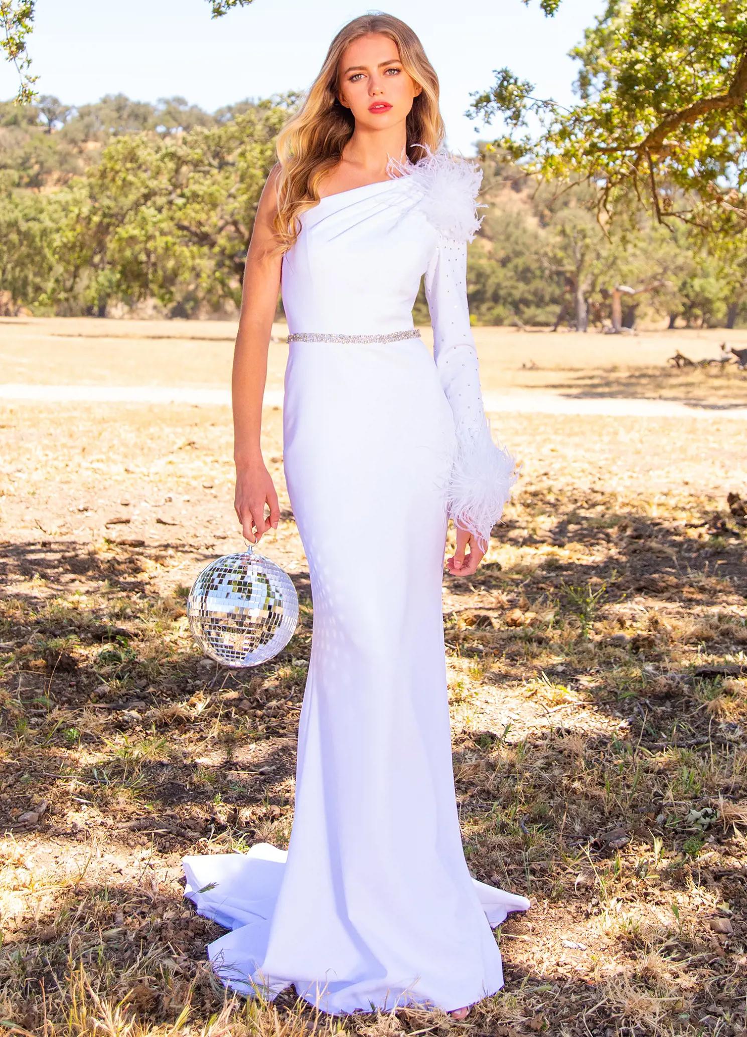 Editorial.White ASHLEYlauren 11131 One-Shoulder Scuba Gown with Feather Details, Heat-Set Stones, Crystal Belt, and Elegant Train