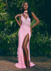 Editorial. ASHLEYlauren 11492 Pink Fully Beaded One Shoulder Gown with Asymmetrical Bustier, Feather Accents, and Wrap Skirt