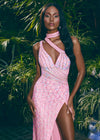 Editorial. ASHLEYlauren 11492 Pink Fully Beaded One Shoulder Gown with Asymmetrical Bustier, Feather Accents, and Wrap Skirt