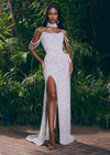 Editorial. ASHLEYlauren 11598 Silver Fully Beaded Gown with Pearl and Crystal Encrusted Bustier, Off Shoulder Design, and Beaded Choker