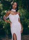 Editorial. ASHLEYlauren 11598 Silver Fully Beaded Gown with Pearl and Crystal Encrusted Bustier, Off Shoulder Design, and Beaded Choker