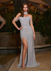 Editorial. ASHLEYlauren 11598 Silver Fully Beaded Gown with Pearl and Crystal Encrusted Bustier, Off Shoulder Design, and Beaded Choker