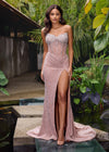 Editorial. ASHLEYlauren 11648 Strapless Fully Beaded Gown with Illusion Corset Bustier, Ruched Hip Detail, and Left Leg Slit