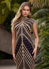 ASHLEYlauren 1674 black and gold fully beaded gown with high neck, cap sleeves, centre slit, and geometric detailing