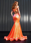 Editorial. Back. Orange ASHLEYlauren 11107 Off-Shoulder Sequin Gown with Criss-Cross Open Back, Fit & Flare Silhouette, and Horsehair Hem