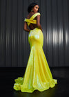 Editorial. Back. Yellow ASHLEYlauren 11107 Off-Shoulder Sequin Gown with Criss-Cross Open Back, Fit & Flare Silhouette, and Horsehair Hem