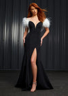 Editorial. Black ASHLEYlauren 11101 Off-Shoulder Scuba Gown with Sweetheart Neckline, Feather Accents, and Left Leg Slit