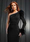Editorial. Black ASHLEYlauren 11131 One-Shoulder Scuba Gown with Feather Details, Heat-Set Stones, Crystal Belt, and Elegant Train