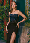 Editorial. Black ASHLEYlauren 11690 Glamorous Strapless Gown with Exposed Corset Boning Encrusted in Press On Stones, Ruched Skirt, and Left Leg Slit