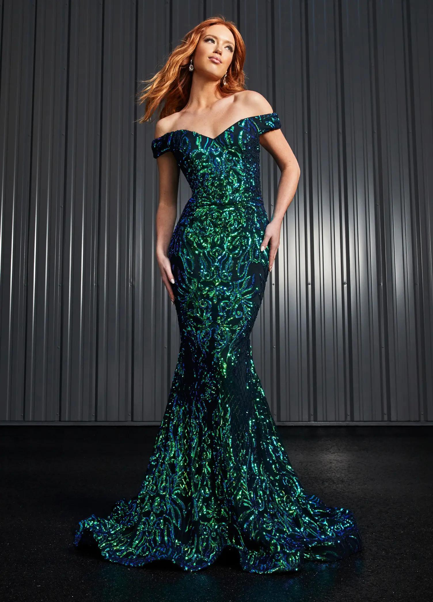 Editorial. Black/Emerald ASHLEYlauren 11112 Off-Shoulder Stretch Sequin Gown with Sweetheart Neckline, High Back, and Horsehair Hem