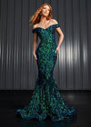 Editorial. Black/Emerald ASHLEYlauren 11112 Off-Shoulder Stretch Sequin Gown with Sweetheart Neckline, High Back, and Horsehair Hem