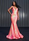 Editorial. Coral ASHLEYlauren 11108 Sequin Gown with Spaghetti Straps, Illusion V-Neckline, Deep V-Back, Fitted Silhouette, and Horsehair Hem