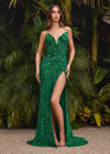 Editorial. Emerald ASHLEYlauren 11236 strapless gown featuring a sweetheart neckline, modern floral sequin motif cascading down the bustier and skirt, and a left leg slit for a glamorous and head-turning look.