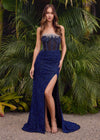 Editorial. Front. Royal/Black ASHLEYlauren 11711 elegant gown featuring a fully hand-beaded bodice, spaghetti straps, corset bustier, illusion neckline, and a left leg slit for a glamorous and sophisticated look.