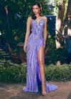Editorial. Lilac ASHLEYlauren 11236 strapless gown featuring a sweetheart neckline, modern floral sequin motif cascading down the bustier and skirt, and a left leg slit for a glamorous and head-turning look.