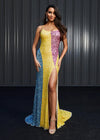 Editorial. Multi/Yellow ASHLEYlauren 11160 Sequin Gown with Spaghetti Straps, Colorblock Detailing, Left Leg Slit, and Two-Tone Lace-Up Strappy Back