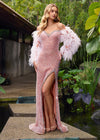 Editorial. Nude ASHLEYlauren 11667 fully hand-beaded gown featuring a sweetheart neckline, off shoulder feather-adorned sleeves, crystal-trimmed bustier and left leg slit for a glamorous and luxurious look.