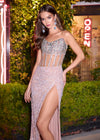 Editorial. Nude ASHLEYlauren 11830 dazzling fully hand-beaded gown featuring a sweetheart neckline, corset bustier, left leg slit, and a horsehair-trimmed skirt for a glamorous and elegant look.