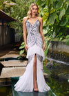 Editorial. Silver/Ivory ASHLEYlauren 11438 glamorous gown featuring a sweetheart illusion V-neckline, ornate bead pattern, striking V-back, tiered ruffle skirt, and a center slit with tulle details for an elegant and dramatic look.