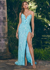 ASHLEYlauren 11236 | Sky strapless gown featuring a sweetheart neckline, modern floral sequin motif cascading down the bustier and skirt, and a left leg slit for a glamorous and head-turning look.