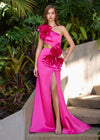 Elegant one-shoulder satin gown featuring cascading 3D floral accents, a side cut-out, a left leg slit, and a sweep train for a statement-making look. Perfect for special occasions.