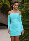 Editorial - Aqua ASHLEYlauren 4598 form-fitting strapless cocktail dress featuring elegant ruching, detachable sleeves, and heat-set stones for a glamorous and versatile statement look.