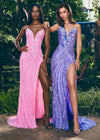 ASHLEYlauren 11236 strapless gown featuring a sweetheart neckline, modern floral sequin motif cascading down the bustier and skirt, and a left leg slit for a glamorous and head-turning look.