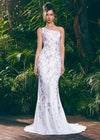 ASHLEYlauren 11525 One Shoulder Fitted Jersey Gown with Delicate Multi-Coloured Floral Heat Set Stones Cascading Down Skirt and Sweep Train