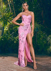 ASHLEYlauren 11590 Pink One Shoulder Fully Beaded Gown with Sweetheart Neckline, Beaded Fringe Detail, and Left Leg Slit