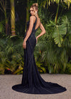 Editorial Back. Black ASHLEYlauren 11693 fitted jersey gown featuring a V-neckline, open back, and press-on stone embellishments for a sleek, glamorous, and timeless look.