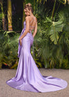 Back. Lilac ASHLEYlauren 11638 Edgy Shimmer Jersey Gown with Spaghetti Straps, Structured Corset Bustier, Statement Bow and Ruffle Accent, and Lace Up Back