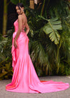 Back. Pink ASHLEYlauren 11638 Edgy Shimmer Jersey Gown with Spaghetti Straps, Structured Corset Bustier, Statement Bow and Ruffle Accent, and Lace Up Back