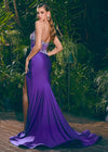 Back. Purple ASHLEYlauren 11617 Elegant One Shoulder Jersey Gown with Glamorous Beaded Corset Bustier, Ruched Hip Detail, and Left Leg Slit