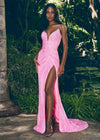 Editorial. Candy Pink ASHLEYlauren 11236 strapless gown featuring a sweetheart neckline, modern floral sequin motif cascading down the bustier and skirt, and a left leg slit for a glamorous and head-turning look.