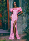 Candy Pink ASHLEYlauren 11581 Fully Beaded Off Shoulder Gown with Taffeta Ruffles, Left Leg Slit, and Dramatic Detail